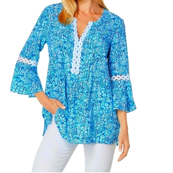 Lilly Pulitzer Tops - Lilly Pulitzer Embellished Tunic Floral Blouse, Size M